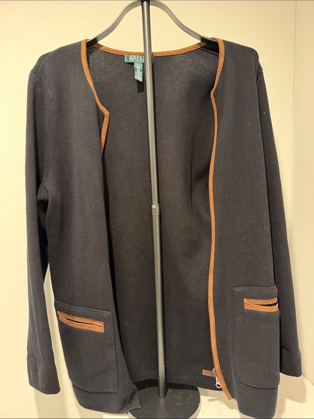 Lauren Ralph Lauren Navy Open-Front Blazer with Tan Trim